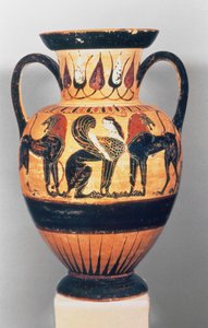 Kalkidialainen musta amfora, joka kuvaa sfinksiä kahden leijonan reunustamana, Polyphemus Painter, 540-30 eKr. (keraaminen)